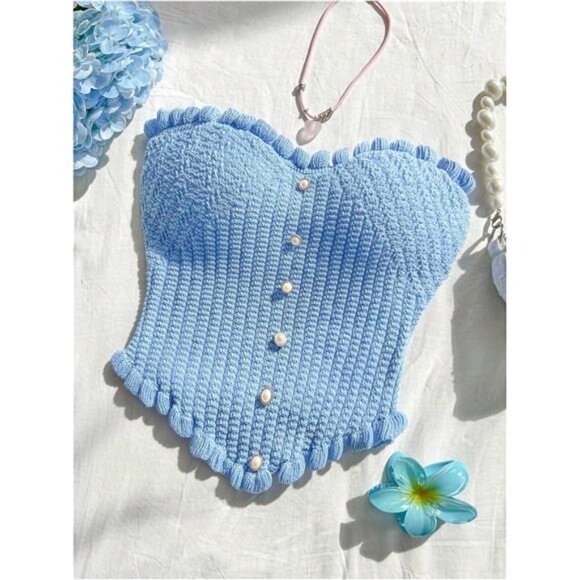 💖 Knitted Strapless Crop Top | Ruffle Trim & Pearl Button - Picture 4 of 5